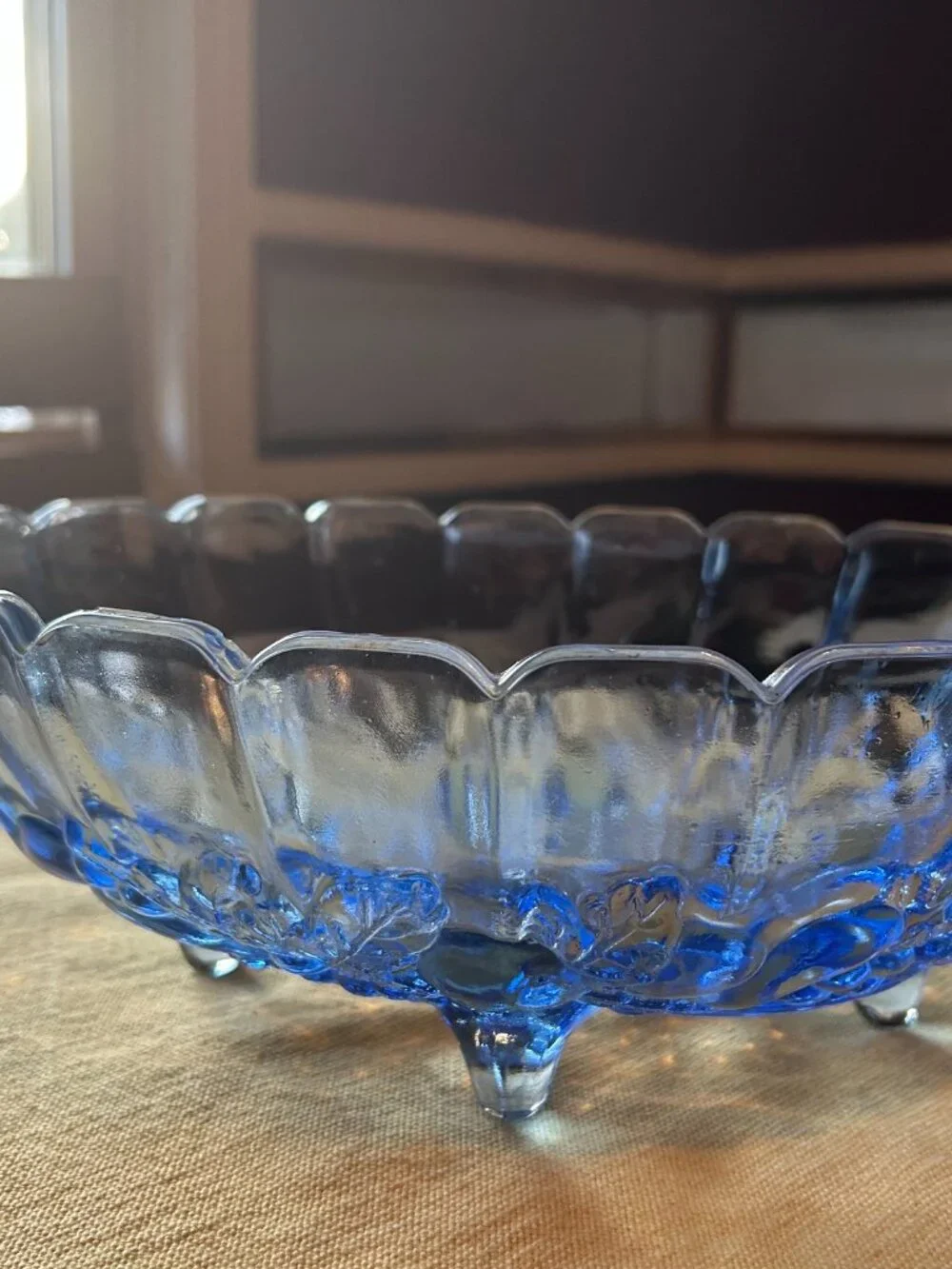 Vintage Indiana Glass  fruit   bowl   is a footed  oval  centerpiece  with a  sc